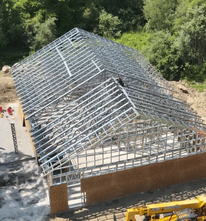 Aerial view of steel frame barndominium construction in Missouri