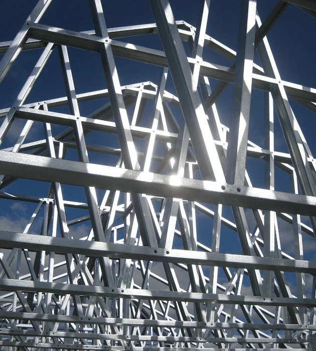 Close-up of galvanized steel roof trusses for Missouri barndo